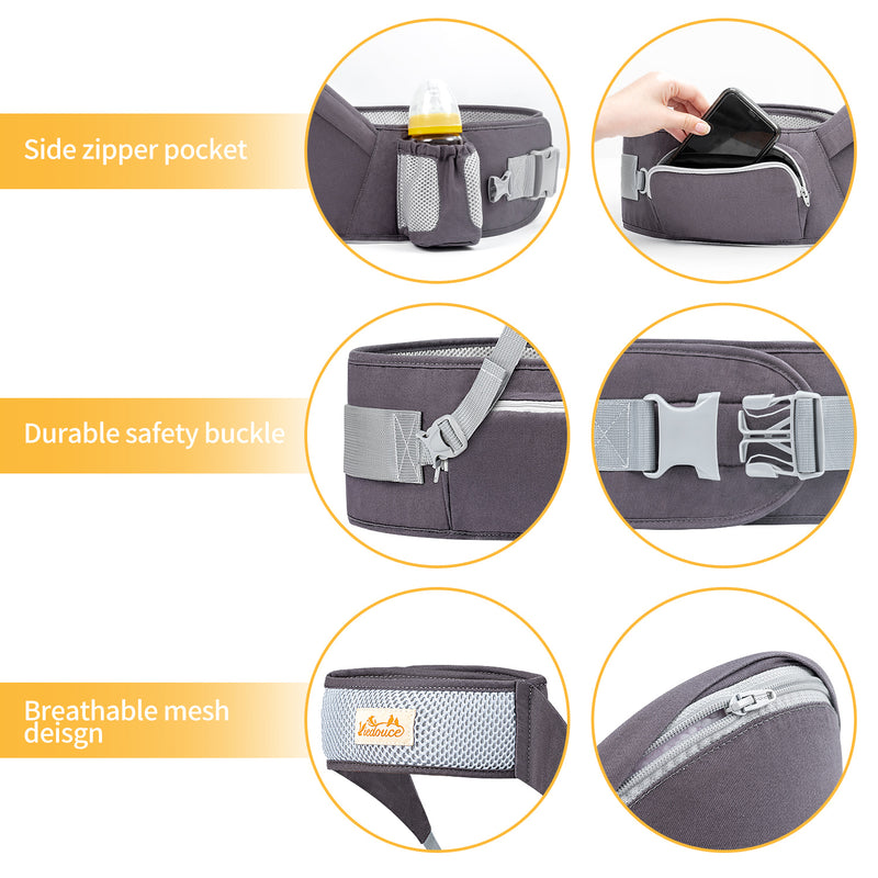 Viedouce Porte bébé Ventral,Ergonomique Tabouret Siège de Hanche avec Protection de Ceinture de Sécurité,Pur Coton Multi Positions Tabouret Bébé Idéal pour les nourrissons de 4-36 Mois (Gris Foncé)