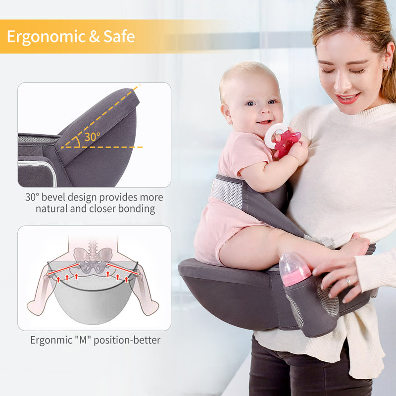 Viedouce Porte bébé Ventral,Ergonomique Tabouret Siège de Hanche avec Protection de Ceinture de Sécurité,Pur Coton Multi Positions Tabouret Bébé Idéal pour les nourrissons de 4-36 Mois (Gris Foncé)