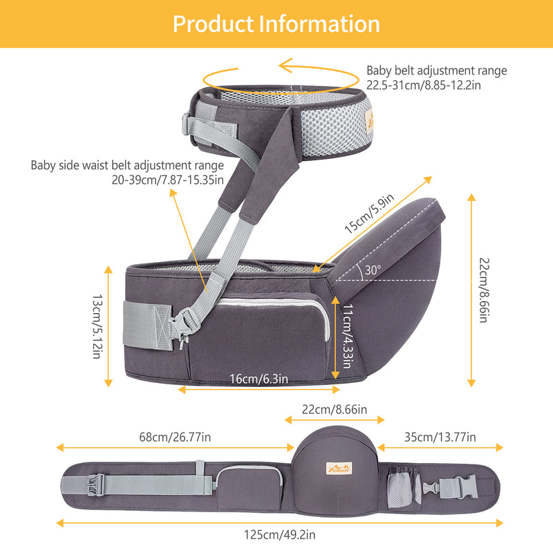 Viedouce Porte bébé Ventral,Ergonomique Tabouret Siège de Hanche avec Protection de Ceinture de Sécurité,Pur Coton Multi Positions Tabouret Bébé Idéal pour les nourrissons de 4-36 Mois (Gris Foncé)