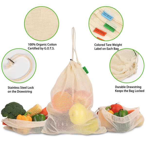 Sac de Courses en Tissu Bio 9 pièces en 3 tailles différentes